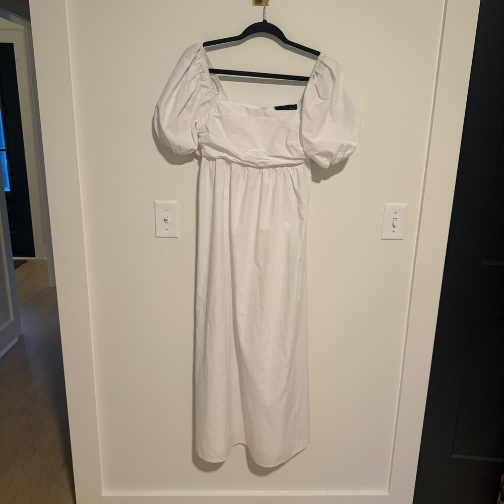Know One Cares White Puff Sleeve Empire Waist Dress Small Square Neck Cotton
